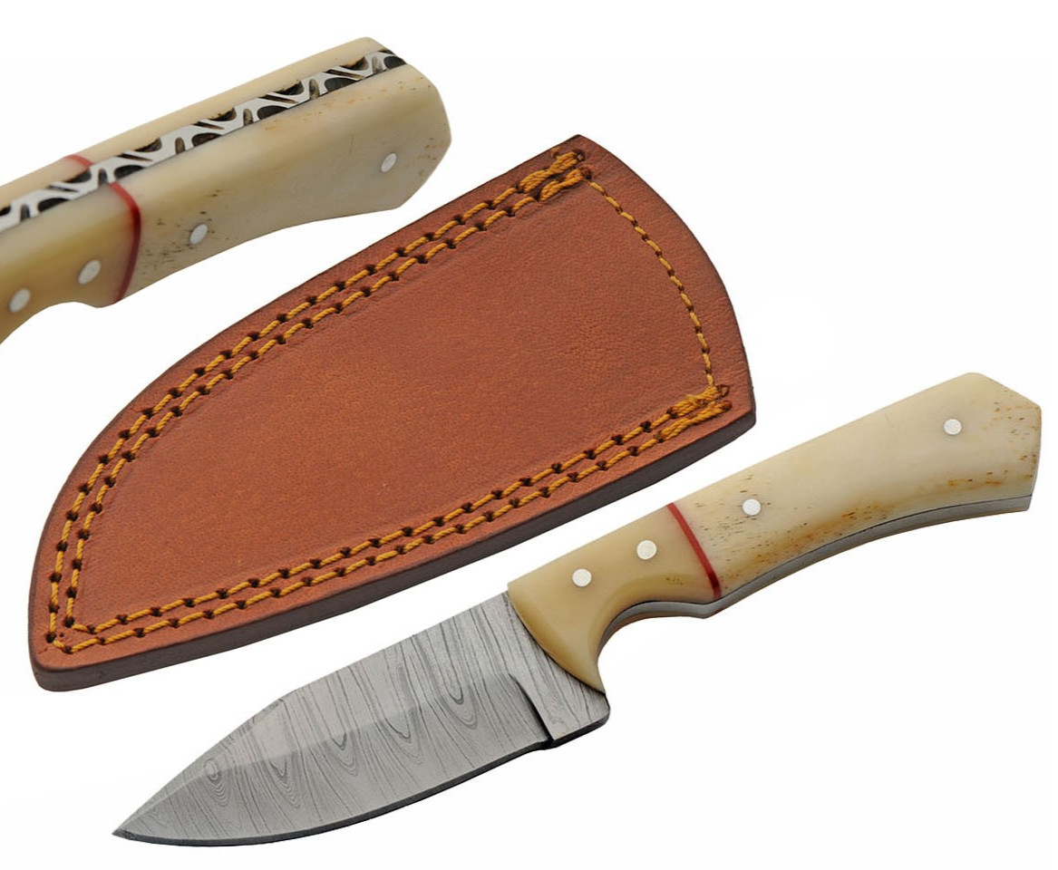 6.5" Damascus Hunting Knife Bone Handle, Red Spacer, Filework + Leather Sheath