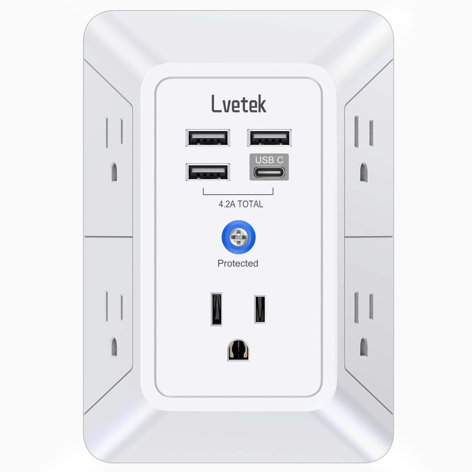 5-Outlet Surge Protector Wall Charger w/4 USB Ports- Multi Plug for Home, Office