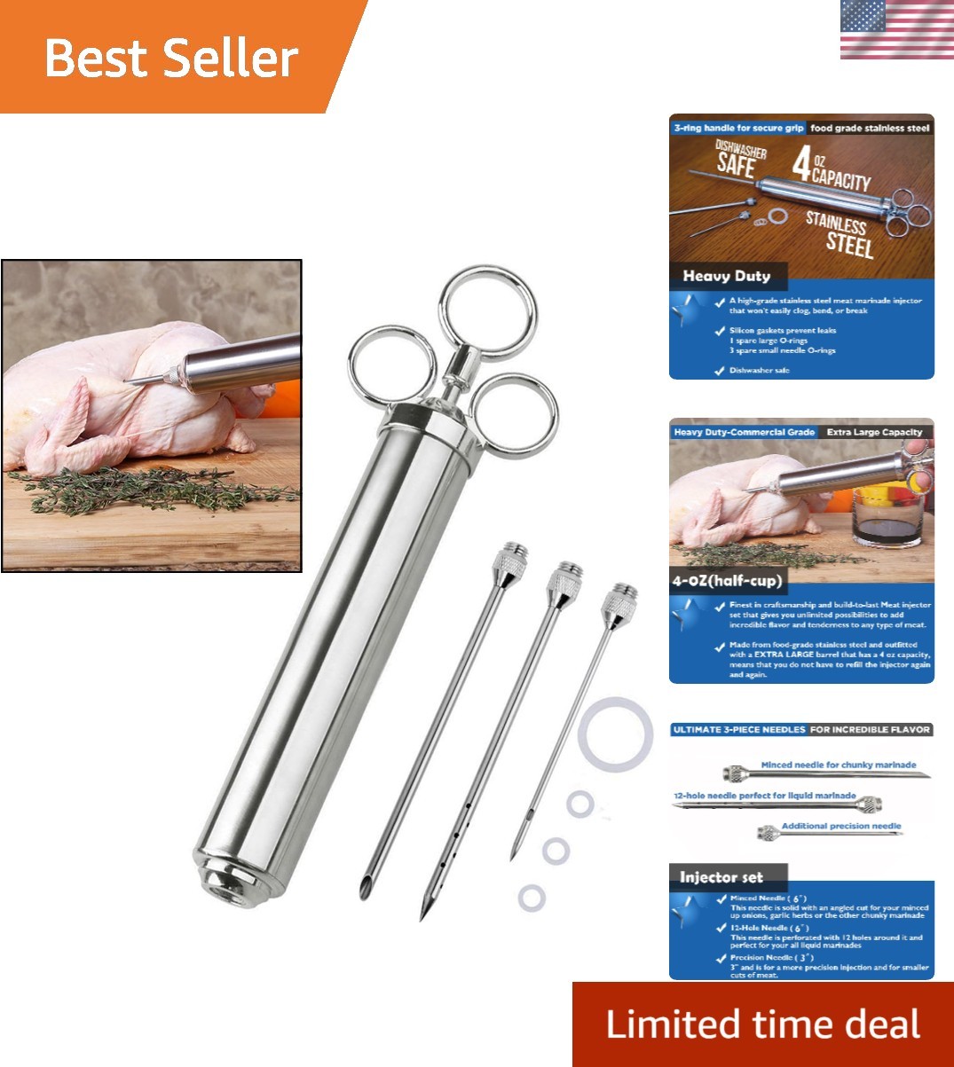 Ultimate Stainless Steel 4 Oz Flavor Injector Kit with 3 Needles for Juicy Meats