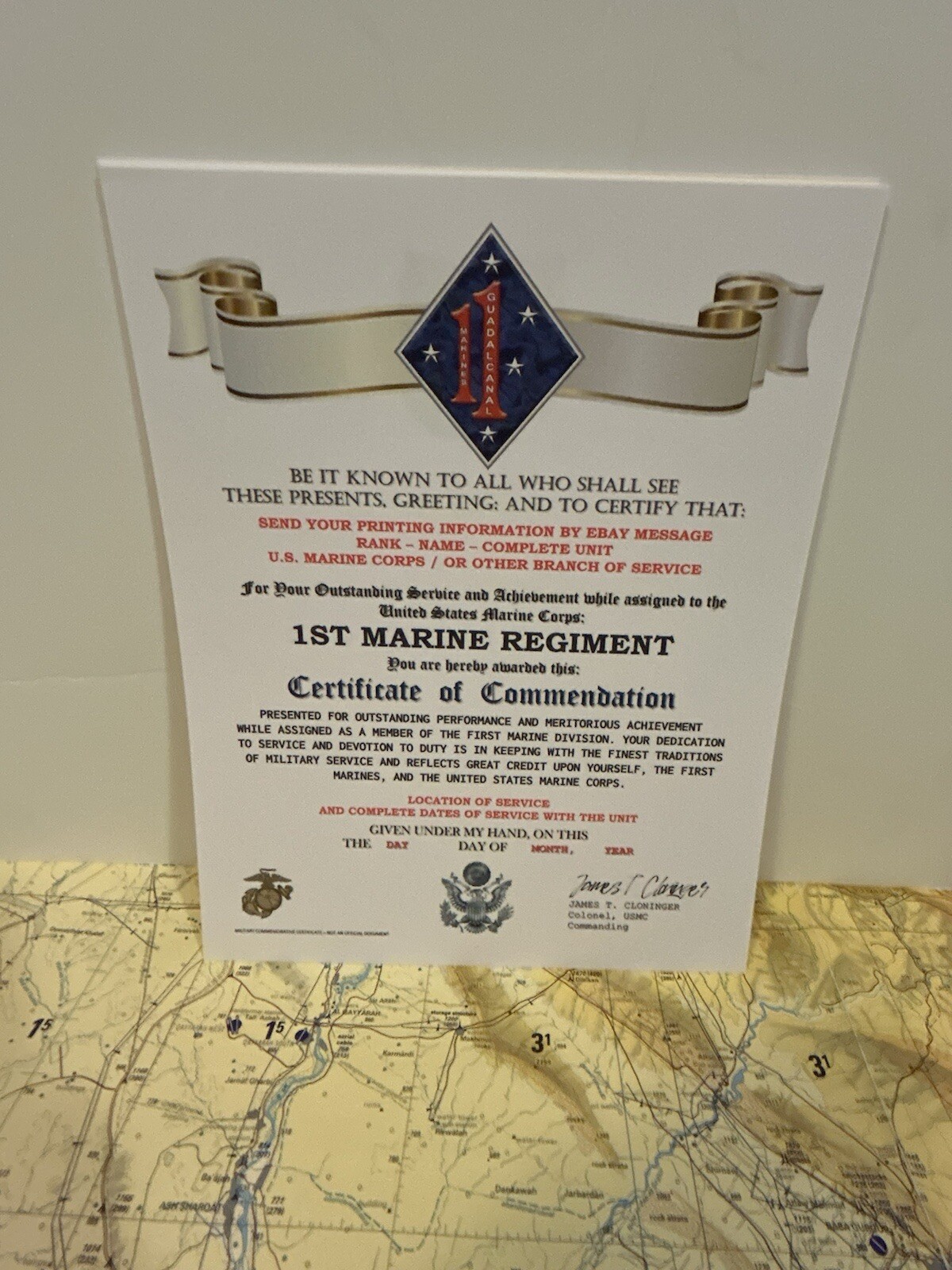 U.S. MARINE CORPS / 1ST MARINE REGIMENT (1 MARDIV) - CERTIFICATE OF COMMENDATION