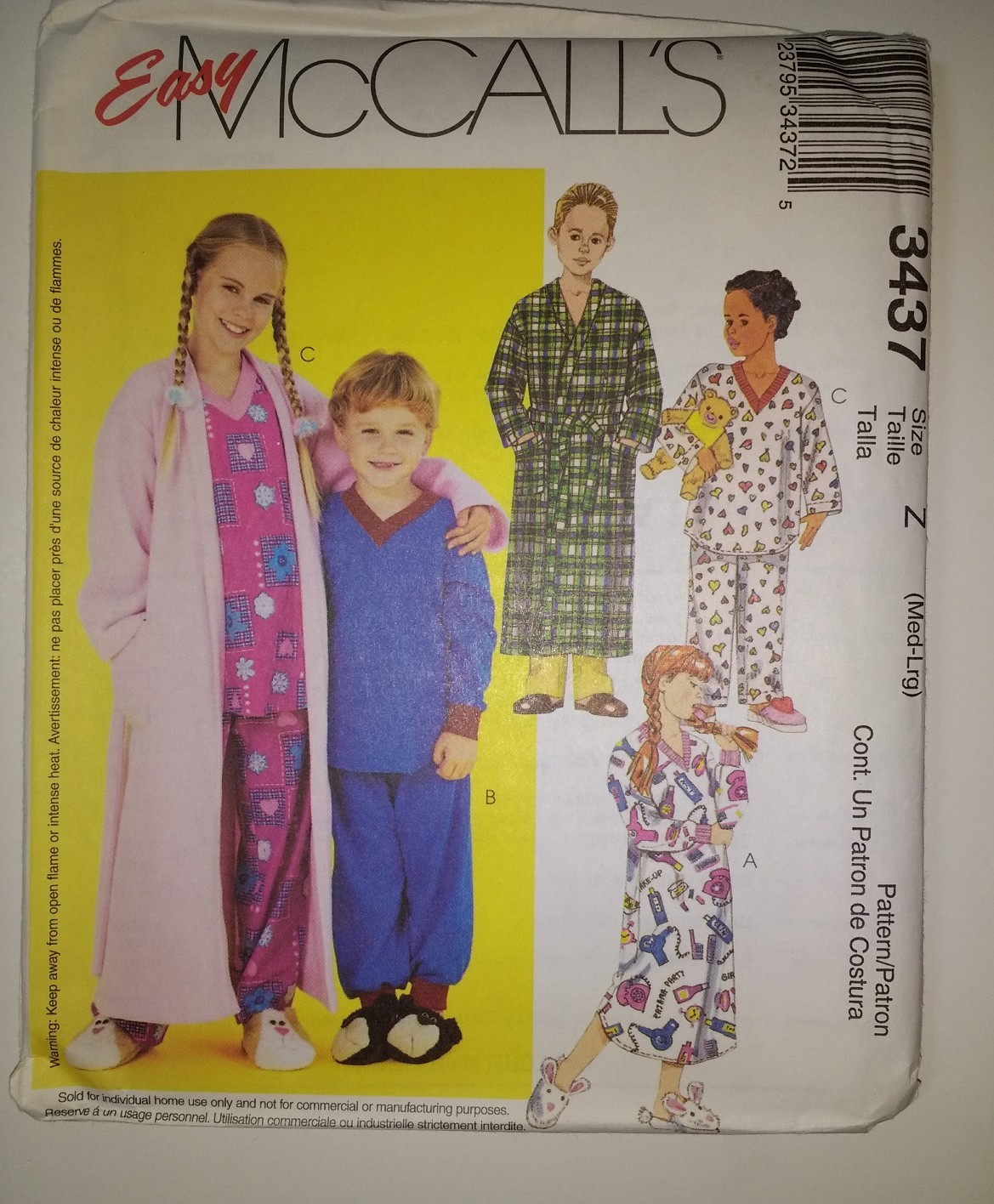 McCall's 3437 Size Med Lrg Boy's Girls' Robe Nightshirt Top Pull-on Pants