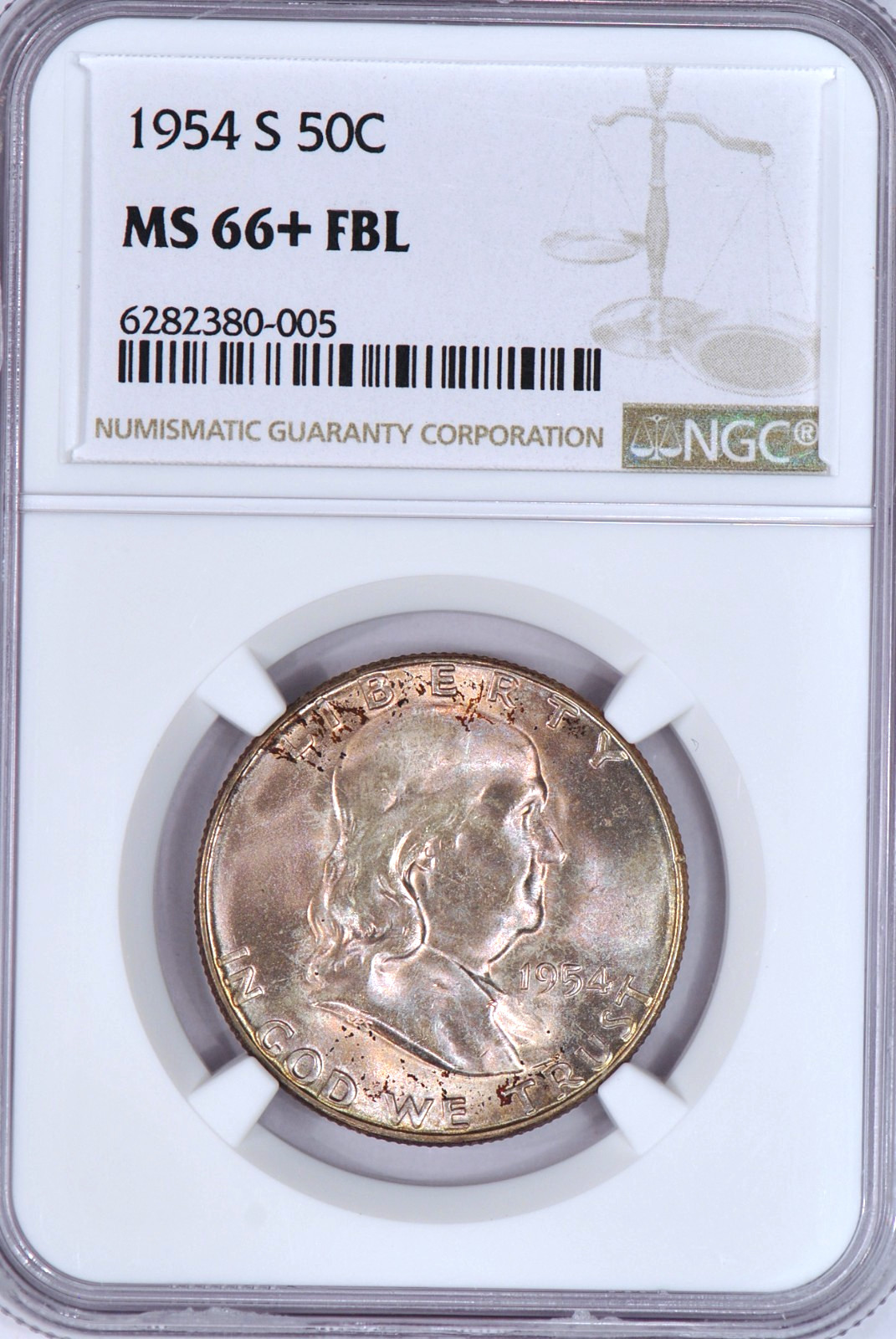 1954 S Toned Franklin Half Dollar NGC MS 66 PLUS FBL 66+ Toning Silver Coin 50C