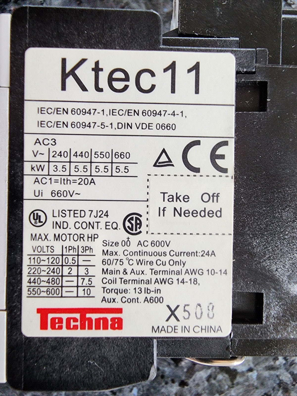 Techna KTEC11-01-120, 20 amp, 3 pole, 1 NO Aux pole