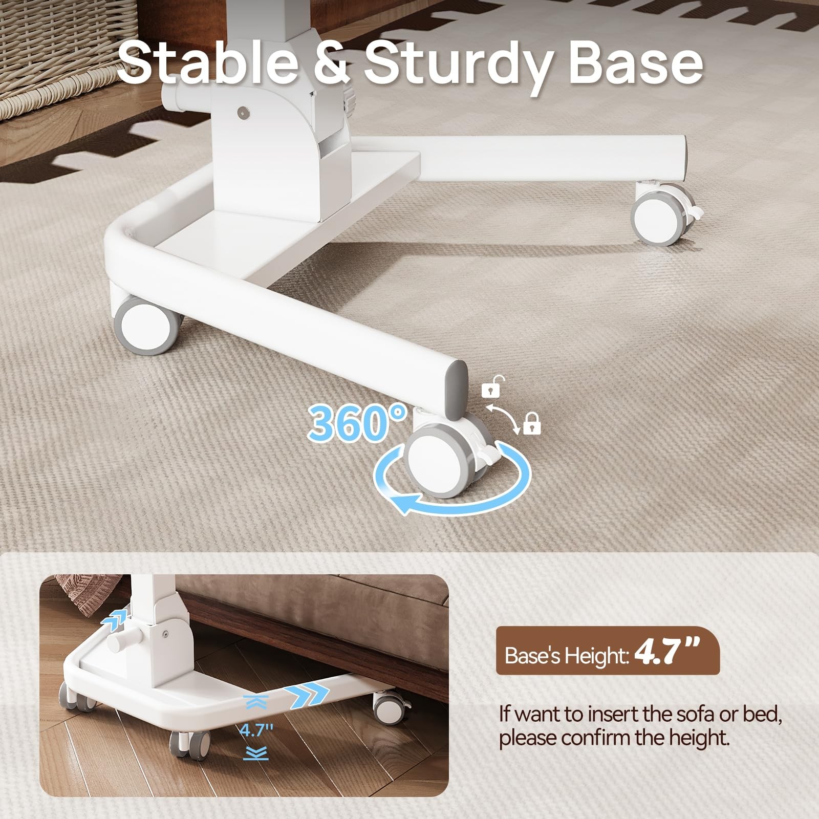 Foldable Mobile Standing Desk, Rolling Laptop Cart, White