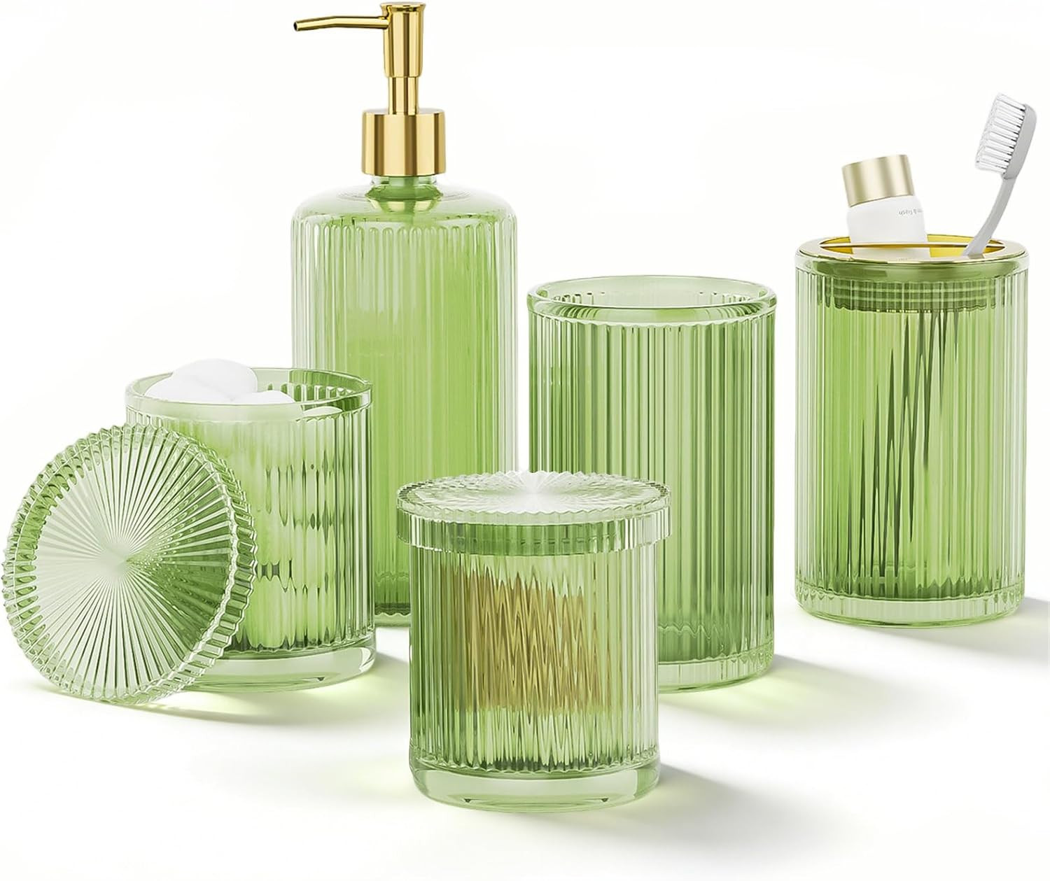 5-Piece Green Glass Bathroom Accessories Set - Vintage Ribbed Thick Glass - Incl