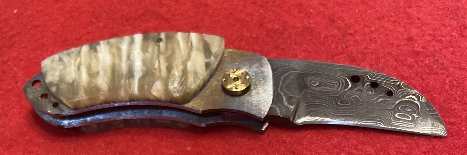 Mike Tamboli Custom Small Damascus Folding Knife Musk Ox, Lock Back