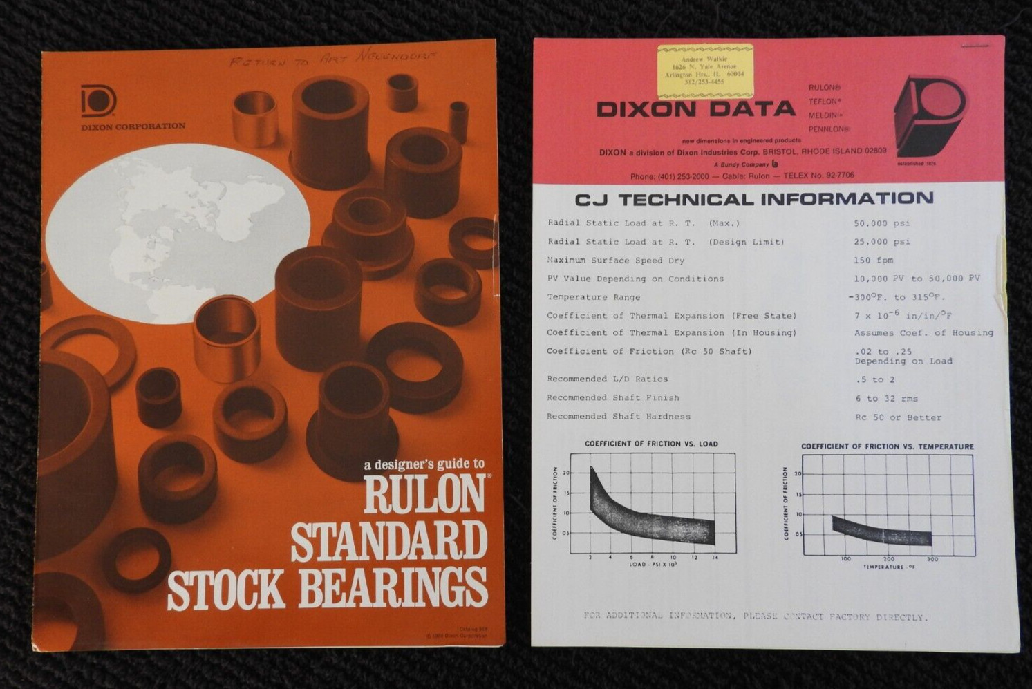 1968 Dixon Industries Corp Rulon Bearings Engineer Catalog Arlington Heights IL