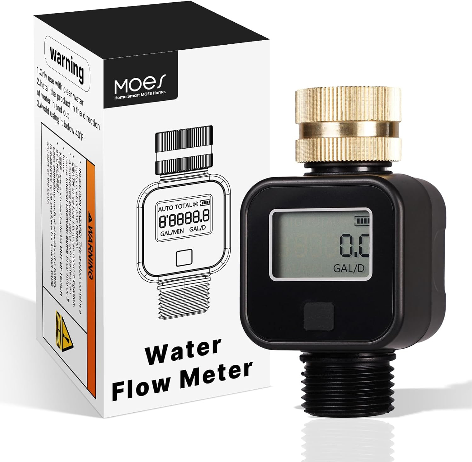Water Flow Meter with Brass Inlet Metal Thread, Measure Gallon/Liter Consumption