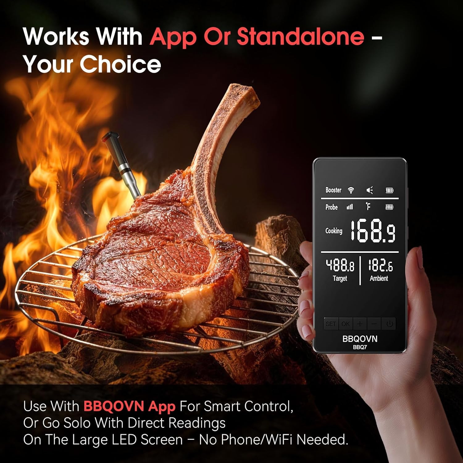Smart Wifi Wireless Meat Thermometer, Sub-1G 656FT Range, 7-Sensor Probe, Standa