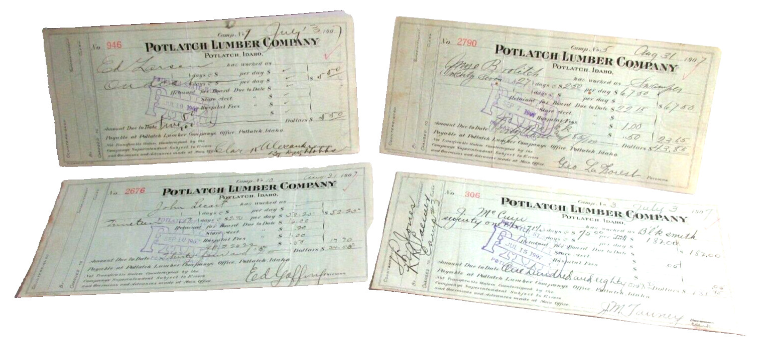 4 Different 1907 Potlatch Lumber Co. Potlatch Idaho Payroll checks, Diff Camps