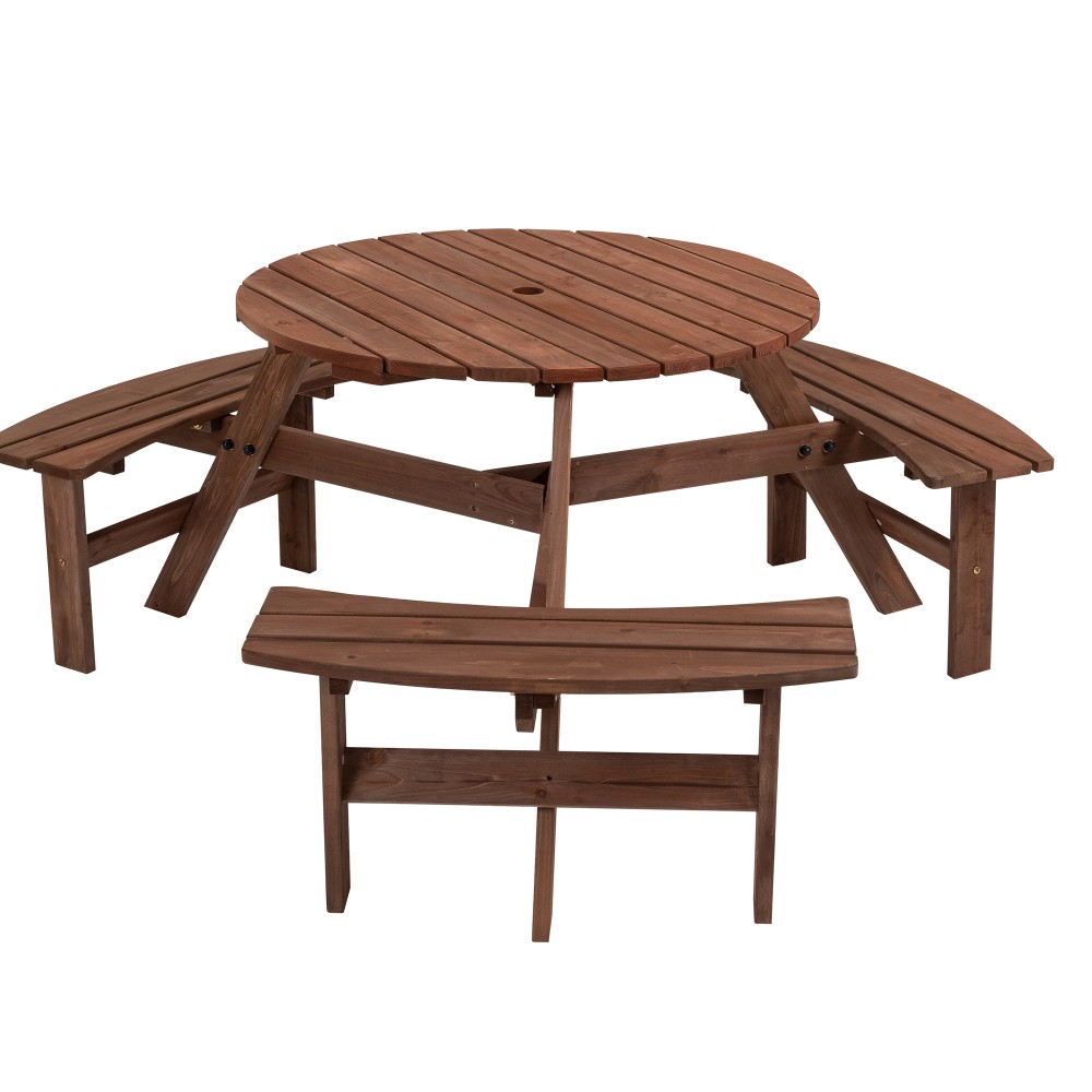 6-Person Round Wood Picnic Table w/ 3 Benches, 1720lb Capacity