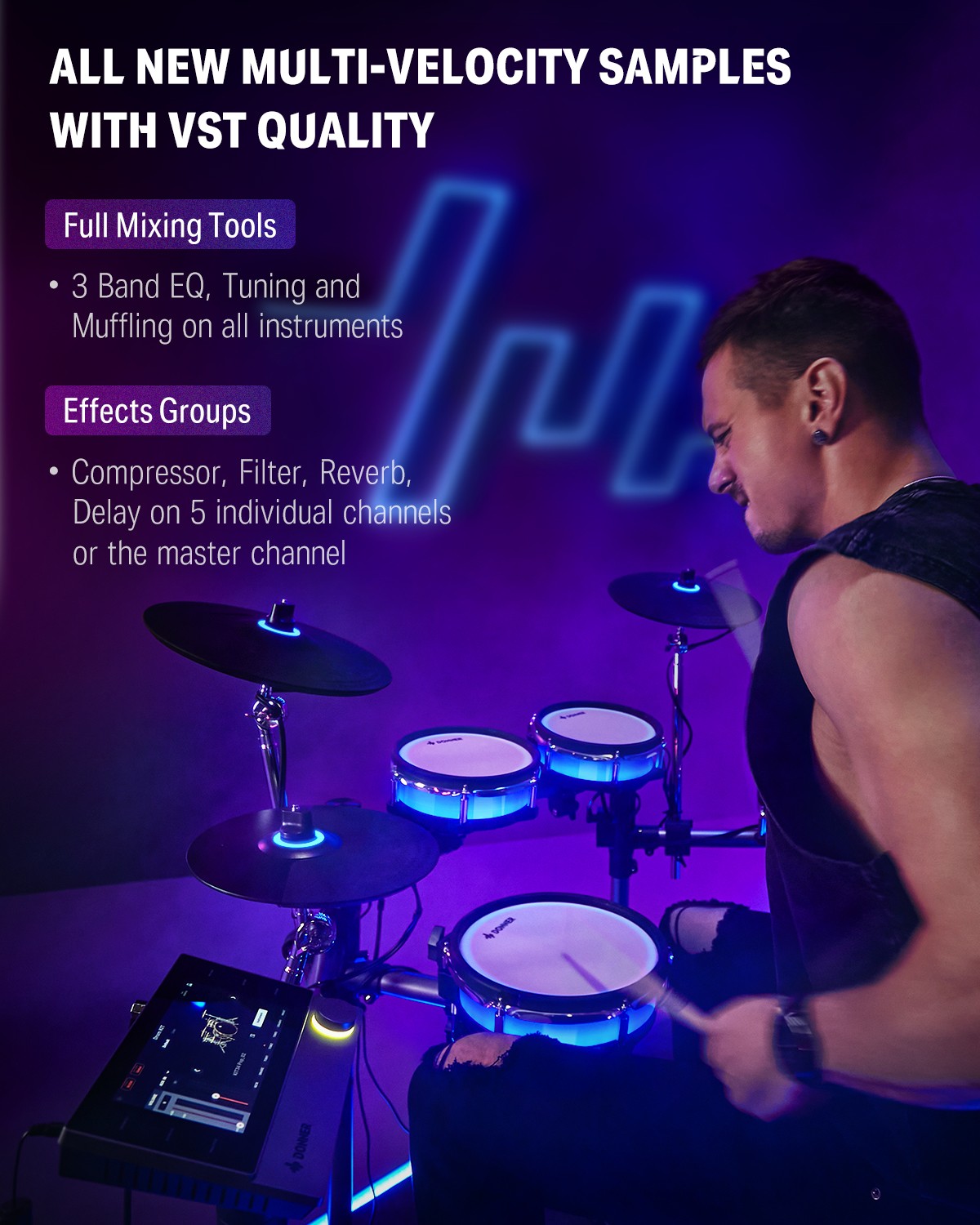 Donner BackBeat Electric Drum Kit with Touchscreen Customize Drum Pad RGB Colors