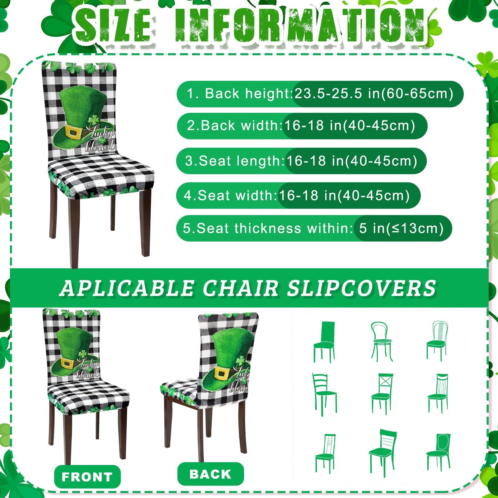 Dining Chair Cover, 6 Pcs St. Patrick's Day, Shamrock Gnome, Plaid, Stretchable,