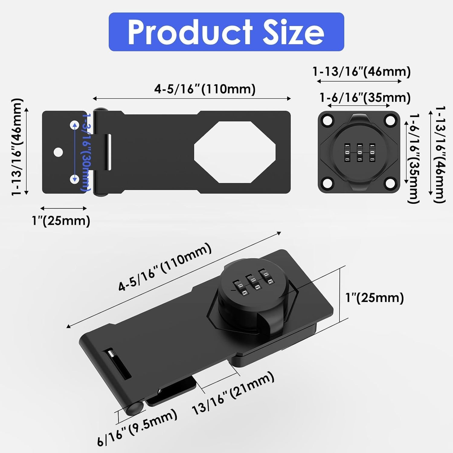 Mechanical Password Rotary Hasp Locks, Door Slide Latch Lock Black