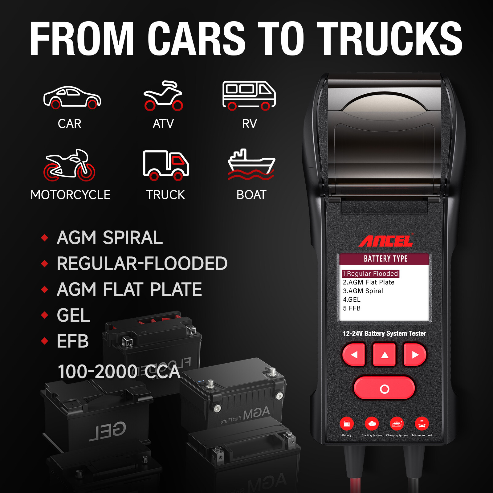 ANCEL BST600 Car Battery Tester with Printer - 12V/24V, 100-2000 CCA, Black
