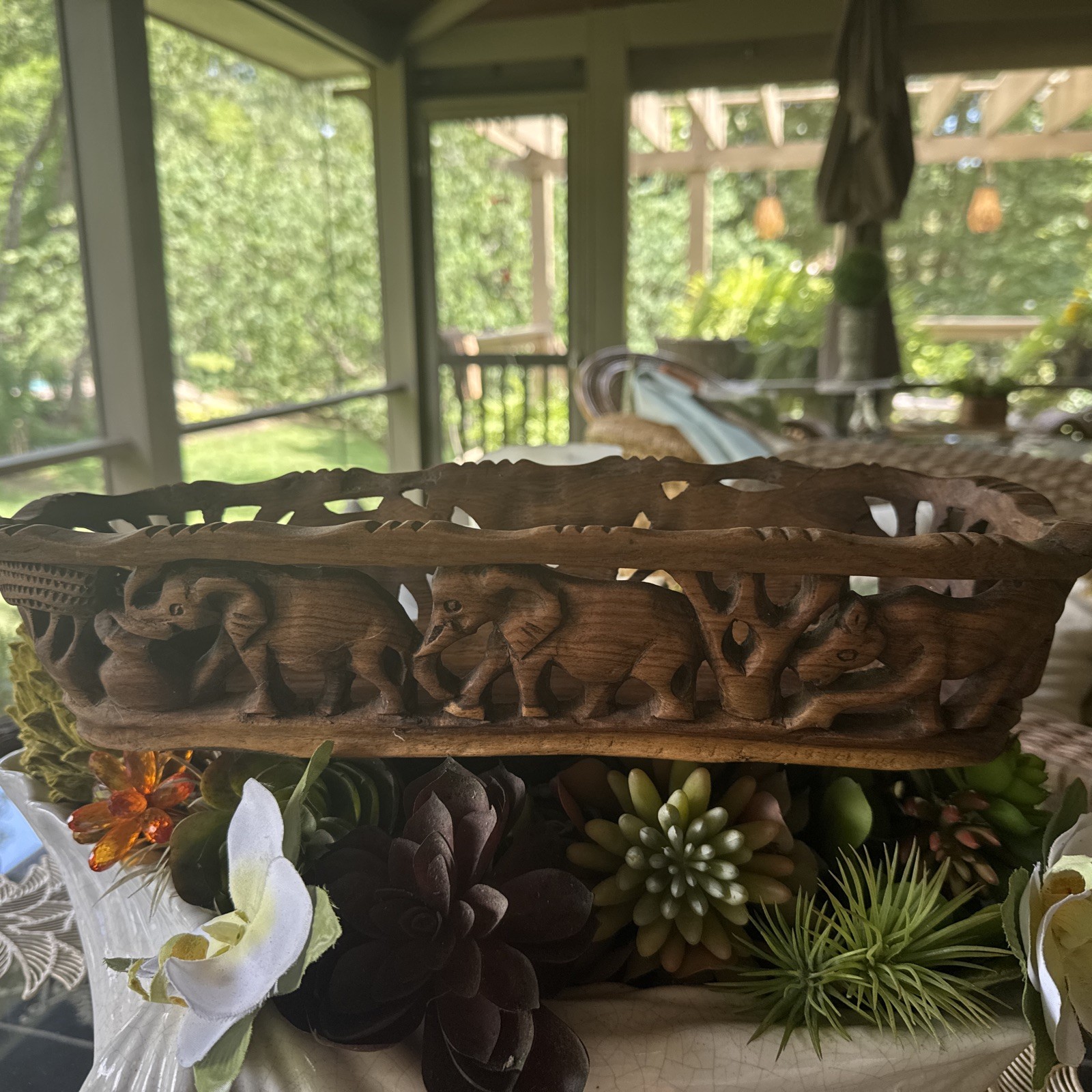South African Hand Carved Jungle Desert Animal Basket.