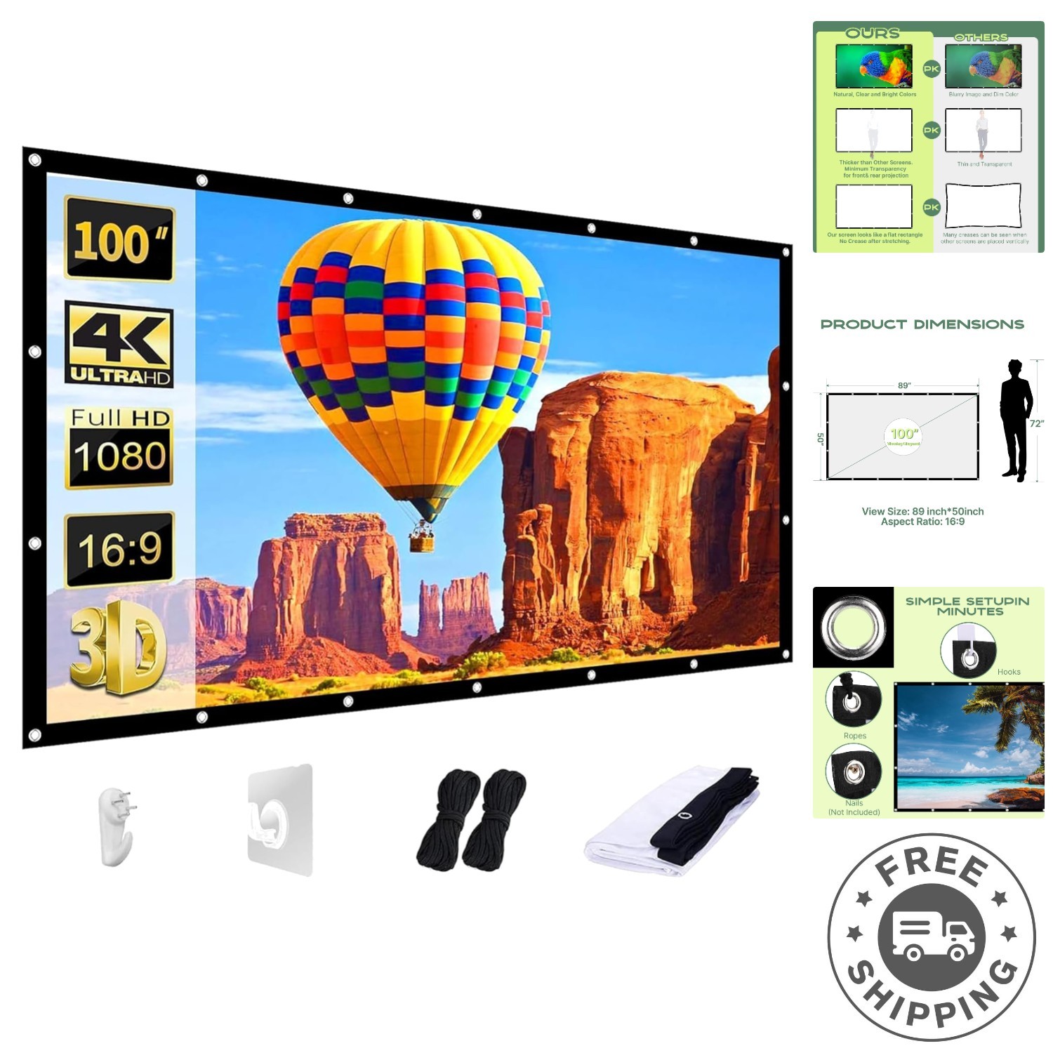 100-Inch Washable Projector Screen - Portable, Anti-Crease for Home & Outdoor