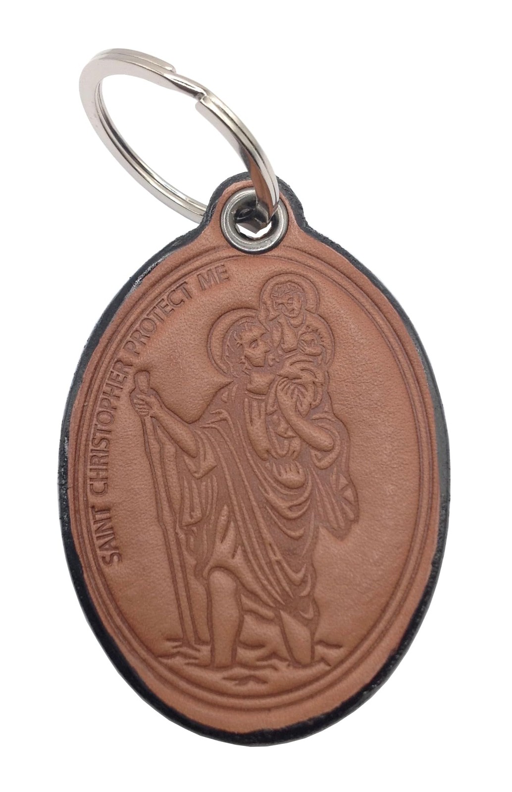 SAINT CHRISTOPHER (PATRON SAINT OF DRIVERS) GENUINE LEATHER KEYCHAIN - 100% M...