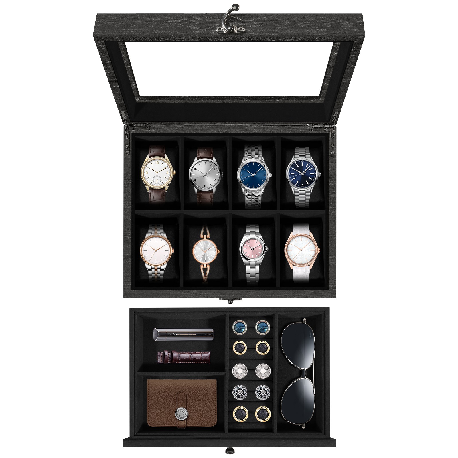 8 Slots Watch Box Solid Wood Glass Top Display Case Jewelry Storage Case Black