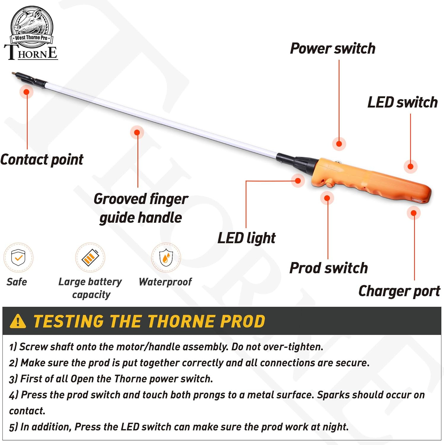 Cattle Prod, Waterproof Cattle Prod Stick with LED Light, Livestock Prod for Mod
