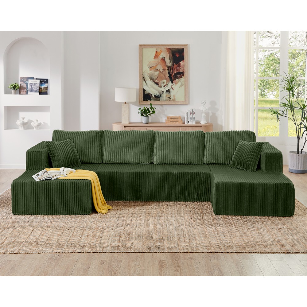 Green Corduroy Modern Sectional Sofa Sleeper 5-Seater Couch