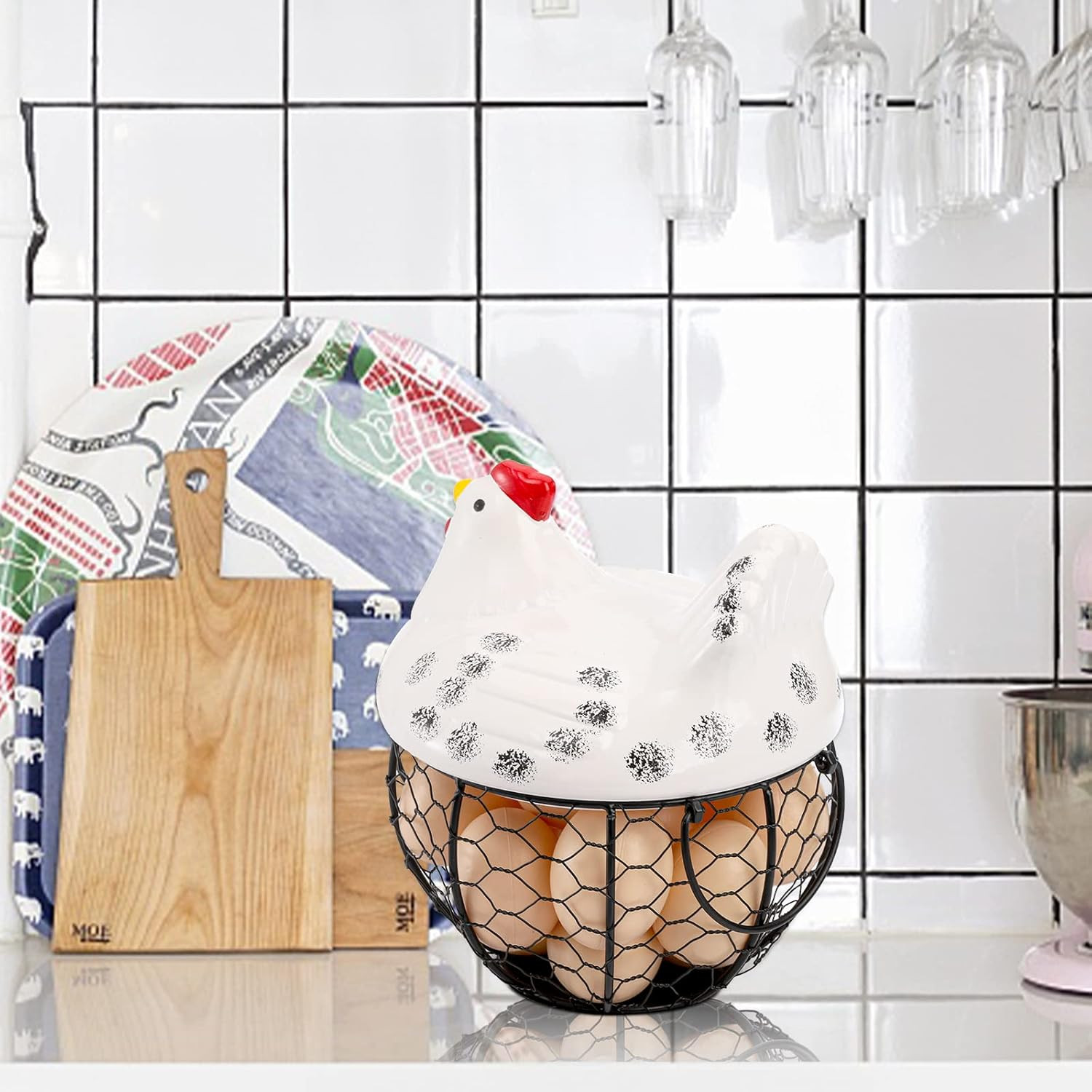 Chicken Egg Basket, Black Wire Egg Collection Baskes with Ceramic Lid for Gat...