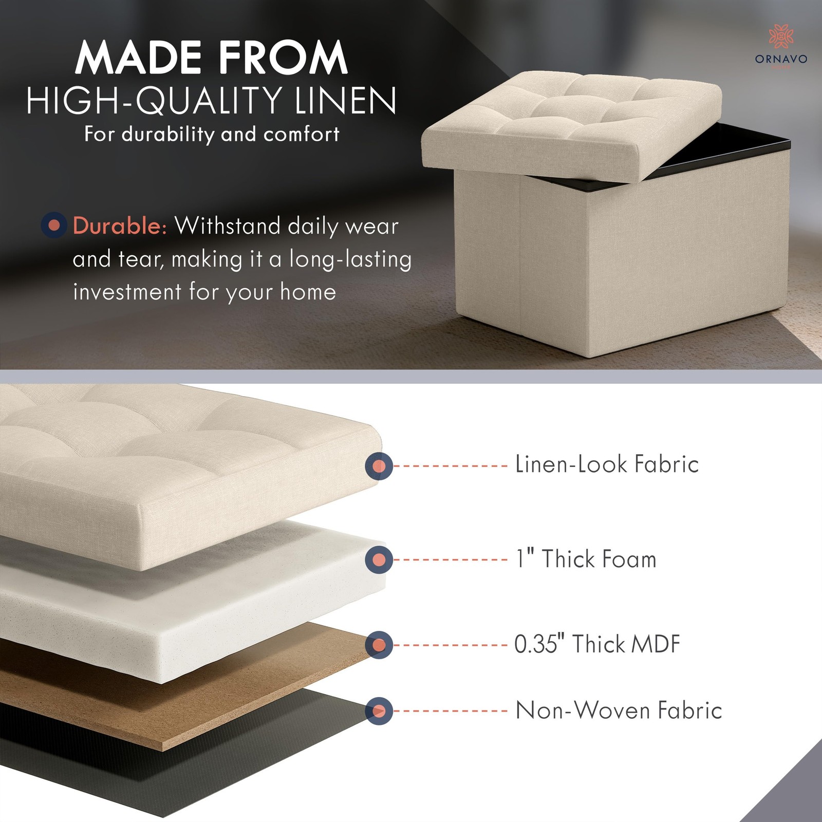 Otomana Rectangular Plegable De Lino Con Asiento De Lujo Color Beige