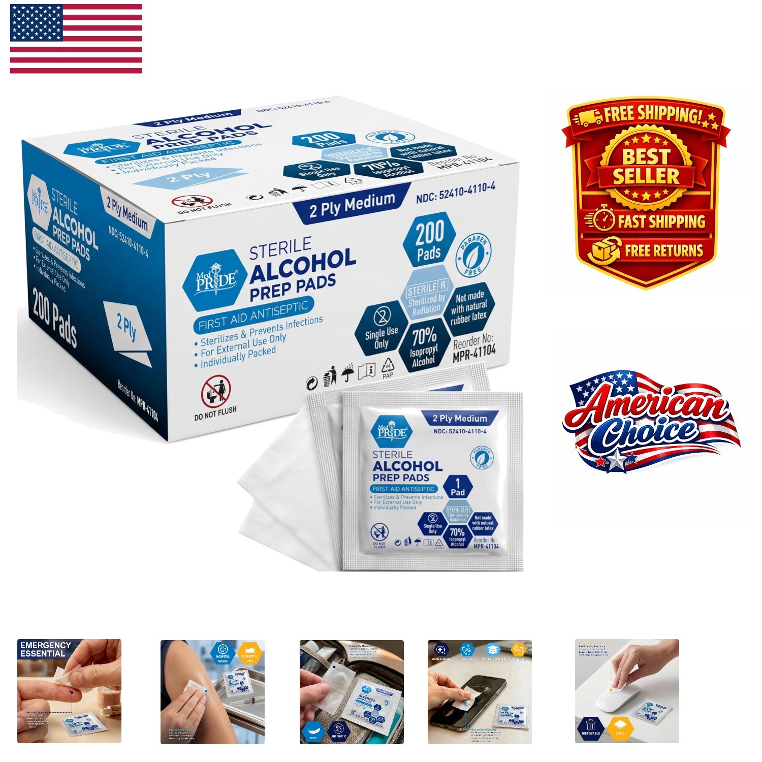 200 Count Sterile Alcohol Prep Pads - 70% Isopropyl, Individually Wrapped Ant...