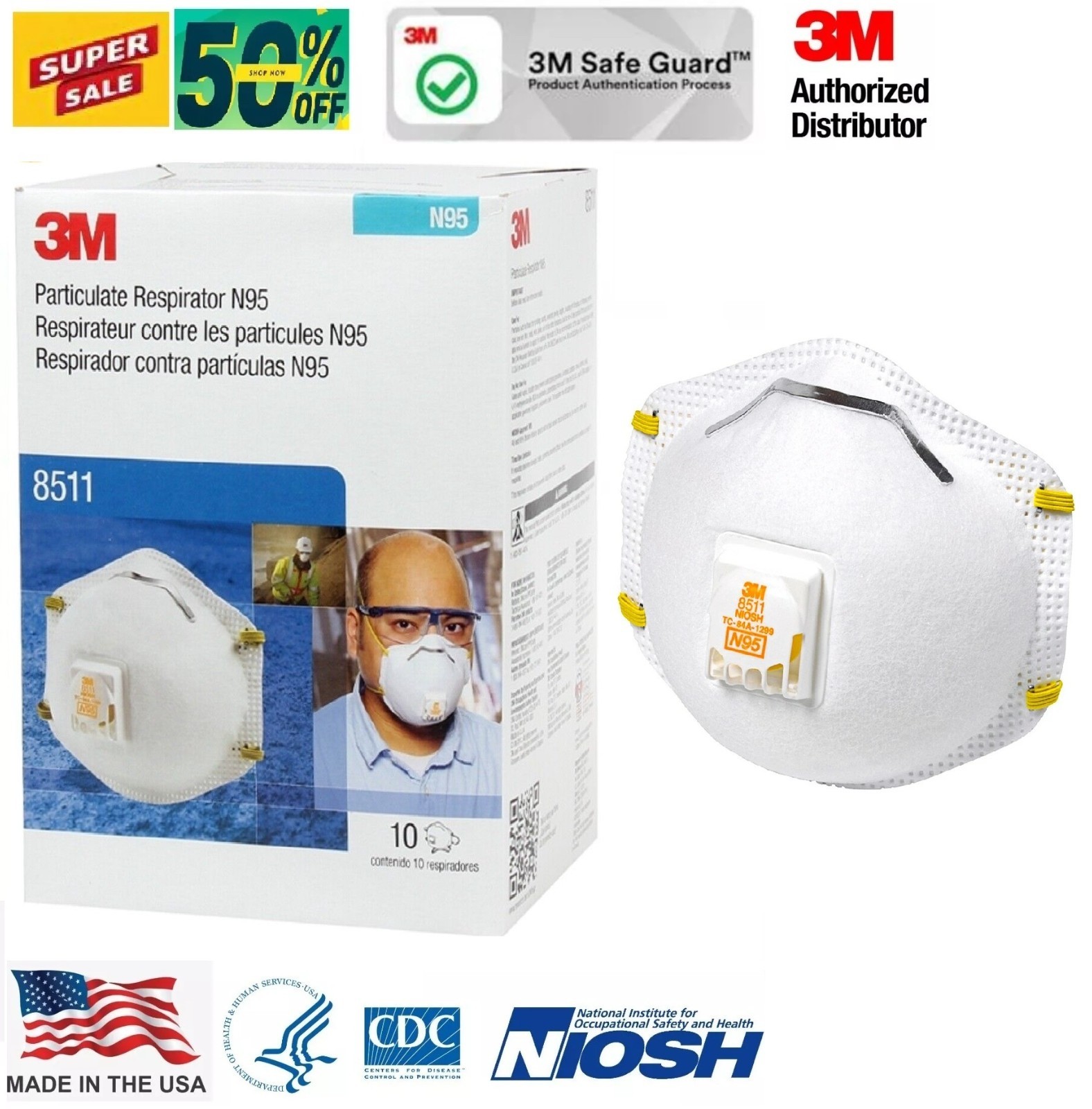 3M 8511 N95 Particulate Respirator Protection Face Mask Exhalation Valve fastshi