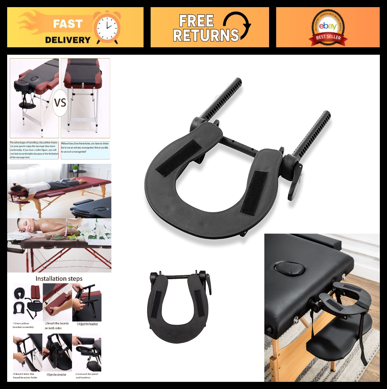 Adjustable Massage Table Face Cradle - Universal Black Headrest for Comfort & Su