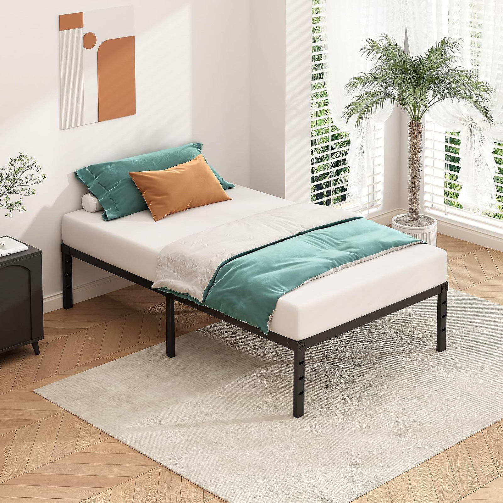 Metal Platform Bed Frame Twin Size 16 Inch Tall No Box Spring Support Slats