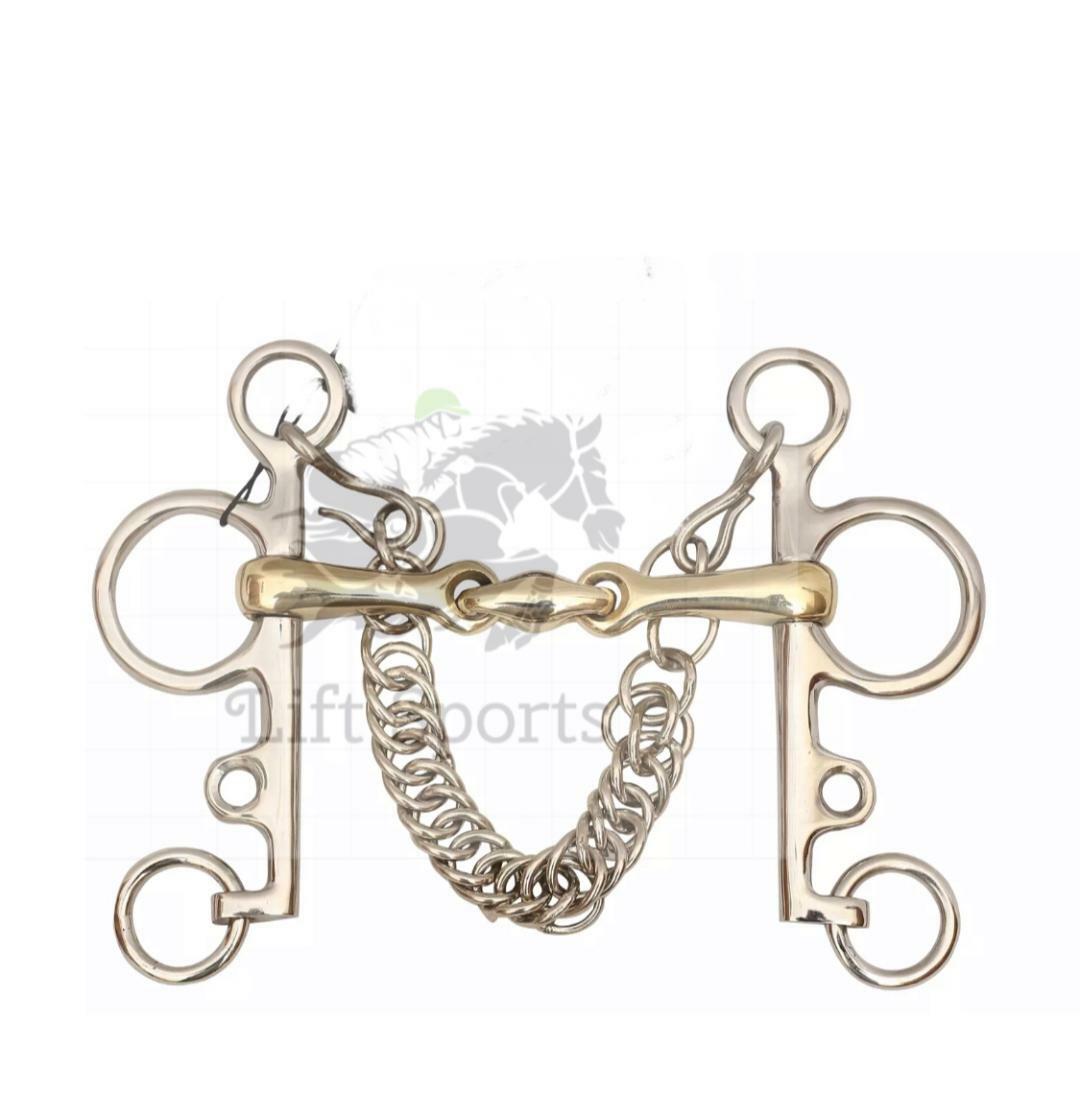 Pelham Horse Bit Double Jointed with Oval Link Lozenge Fat Shank Snaffle Chain