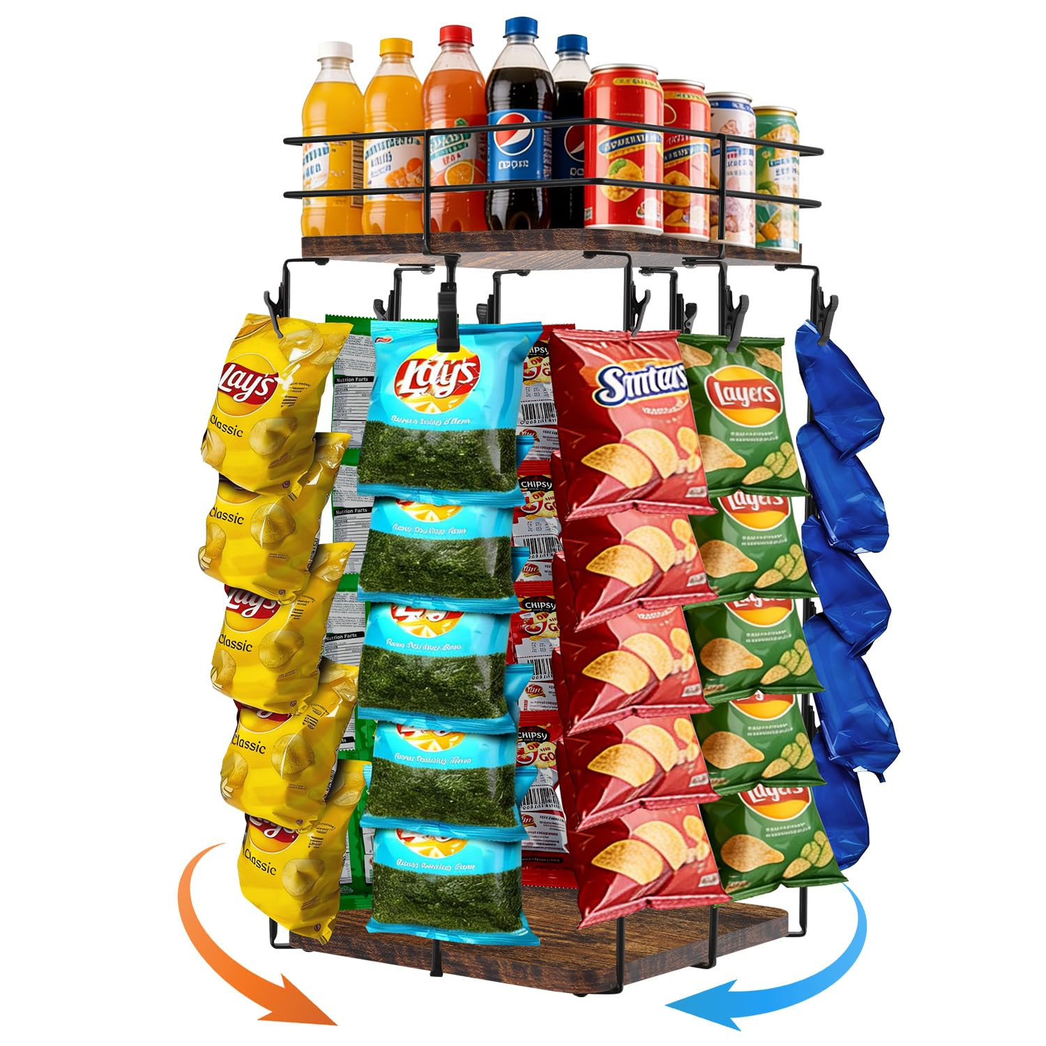 Chip Rack Display Stand, 5-Tier 360° Rotating Organizer with Top Storage Basket