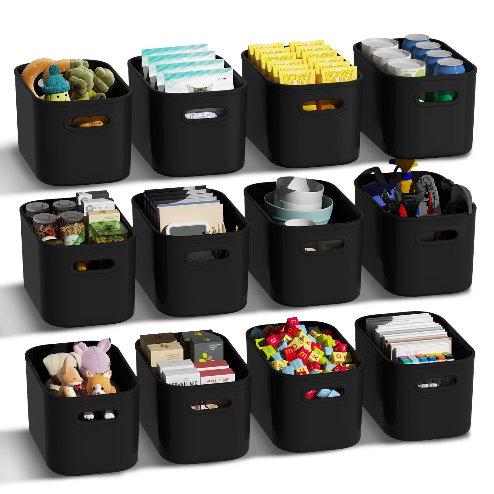 12 Pack Black Plastic Storage Bins, Storage Container for Organizing, Storage...