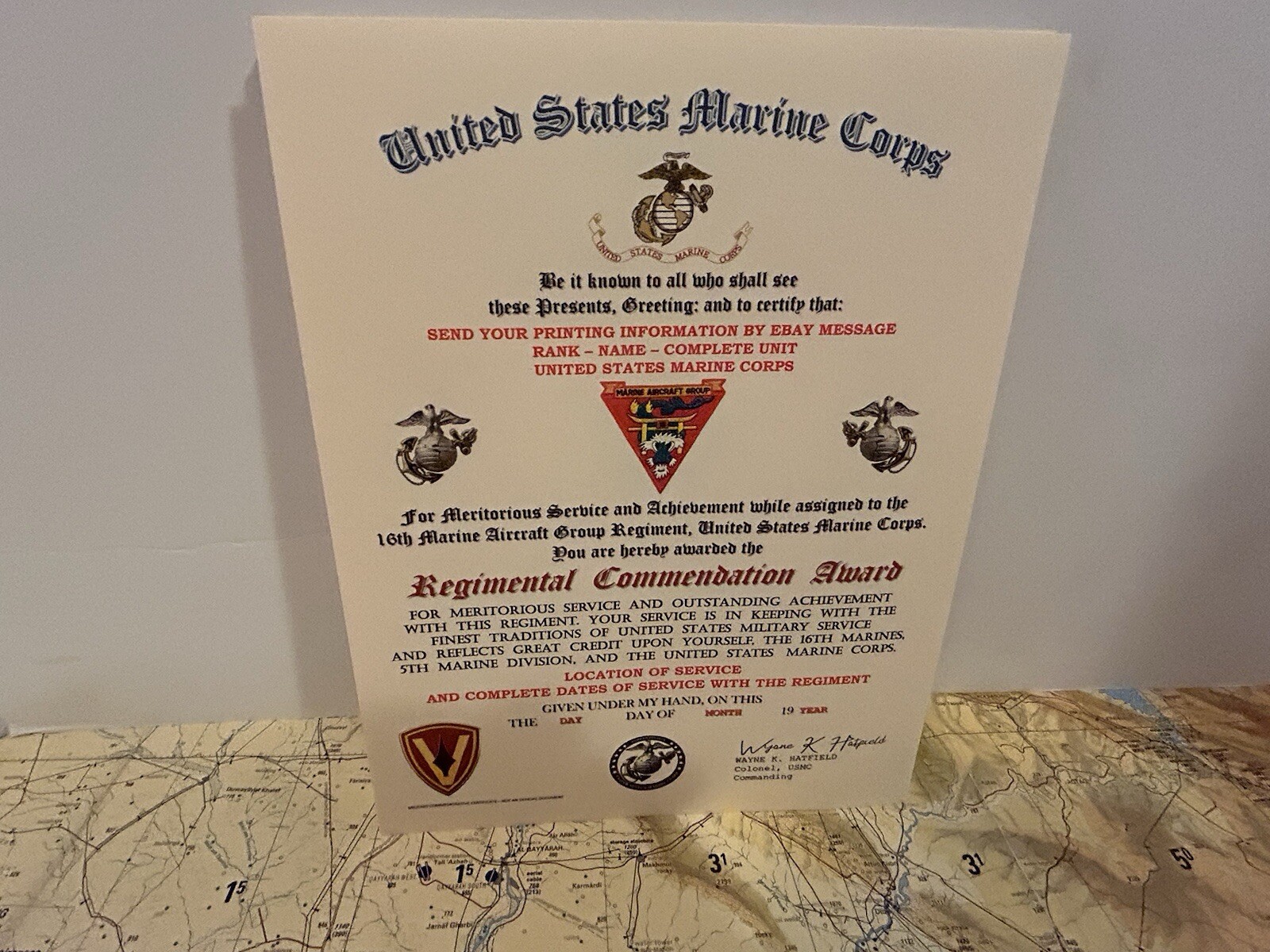 U.S.M.C. / 16TH MARINE AIRCRAFT GROUP- REGIMENTAL COMMENDATION AWARD CERTIFICATE
