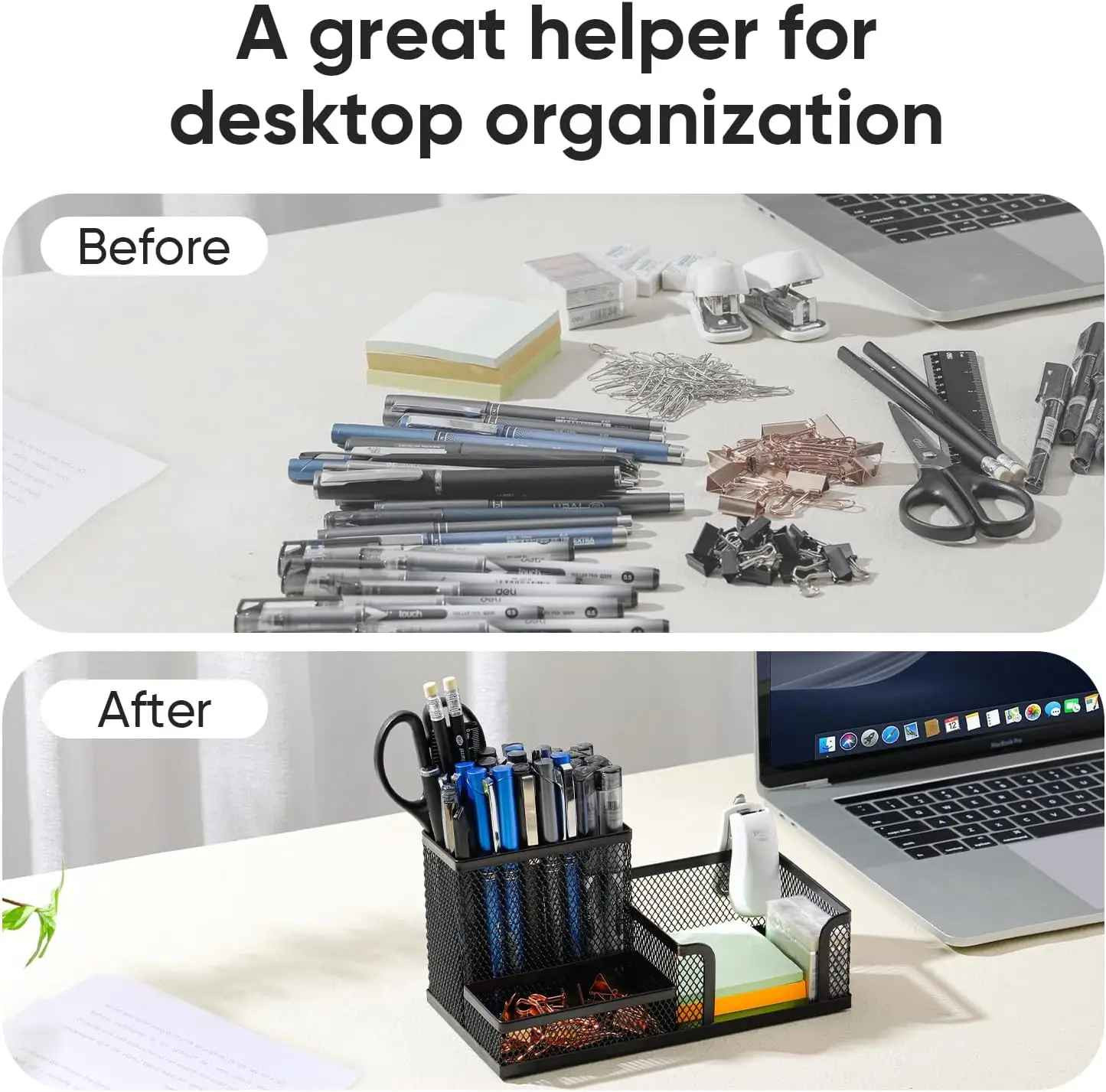 Black Mesh Desk Organizer - 3 Compartments with Pencil Holder & Storage Baskets,
