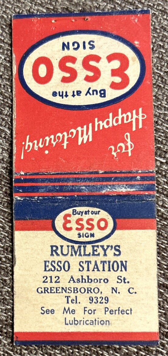 Vintage ESSO Fuel Oil Matchbook Cover, RUMLEY’S Esso Station Greensboro, N.C.