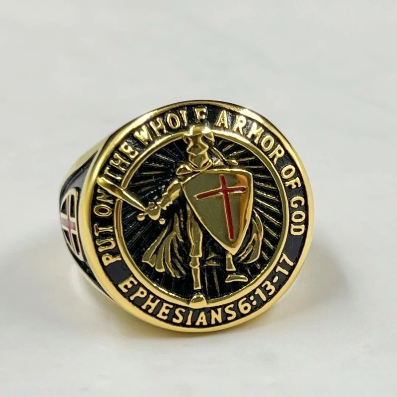Knights Templar Put On The Whole Armor of God Ring Stainless Steel Blk Size 7-15