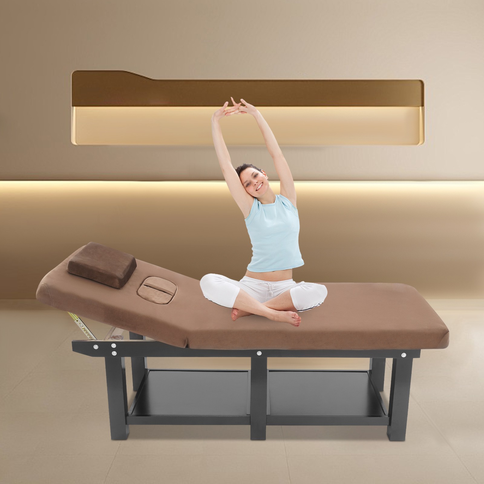Massage Table 190cm Solid Wood with Velvet Cloth and Storage Rack