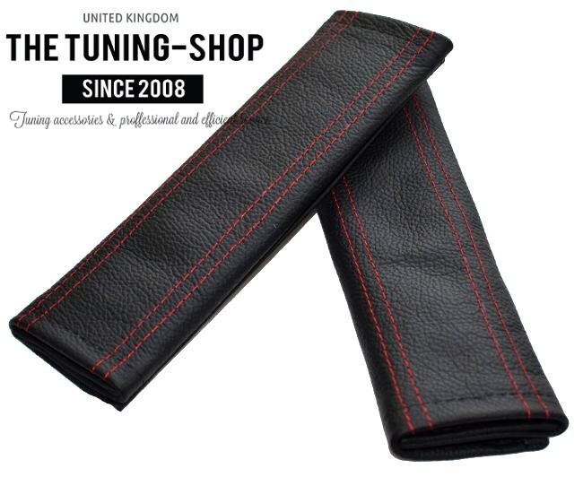 Seat Belt Shoulder Pads Harness Black Genuine Italian Leather Red Stitching