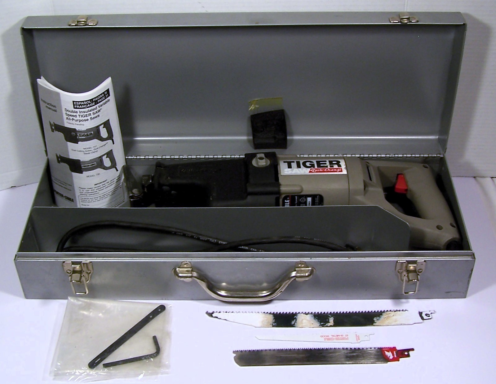 Porter Cable Tiger Reciprocal Saw, Model 737, Metal Case, Manual, Blades, Wrench