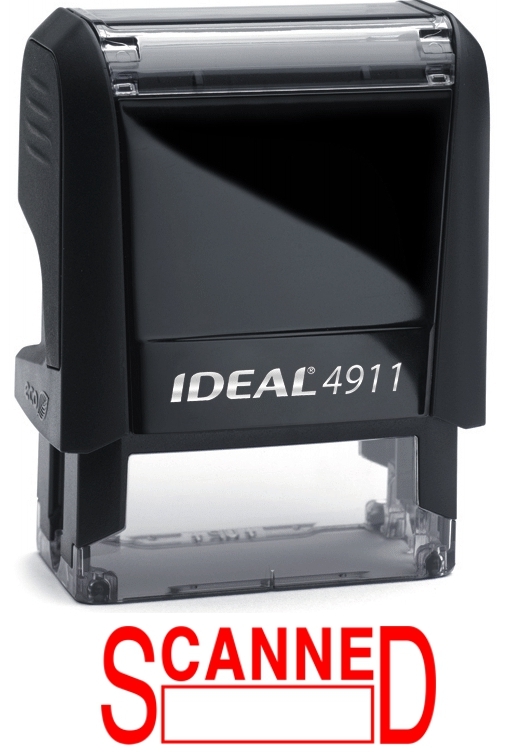 SCANNED text with Date Box, IDEAL 4911 Self-inking Rubber Stamp with RED INK