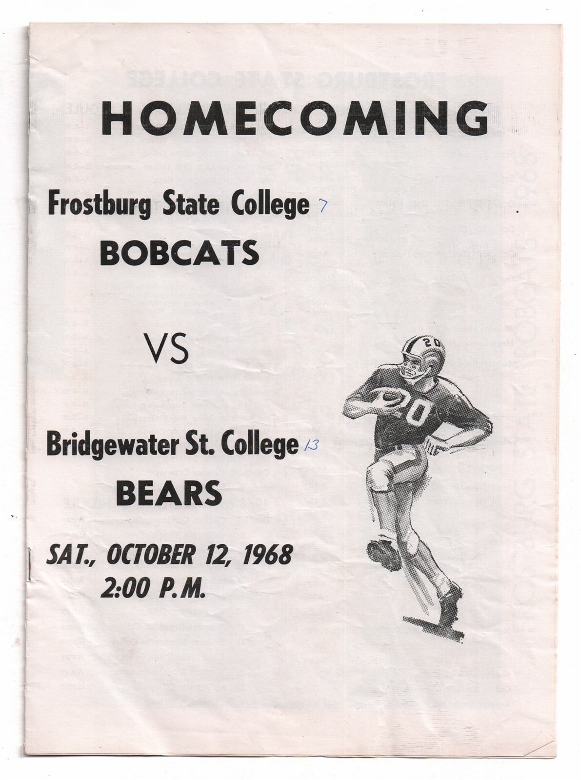 Frostburg State College Bobcats Vs Bridgewater State Football Program 10/12/1968