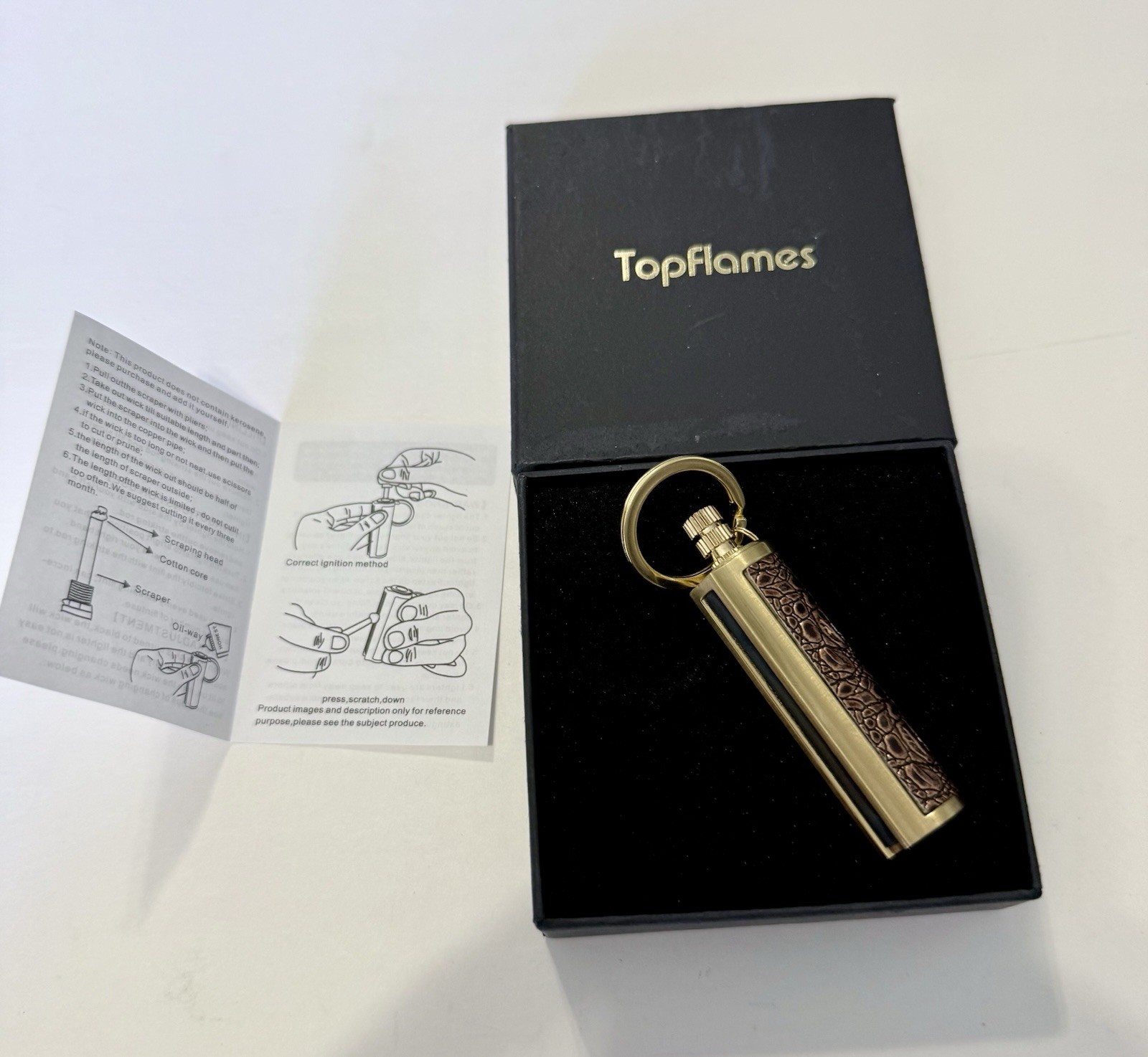 TopFlames Permanent Match Fire Starter Keychain Gold Camping Hiking Backpacking