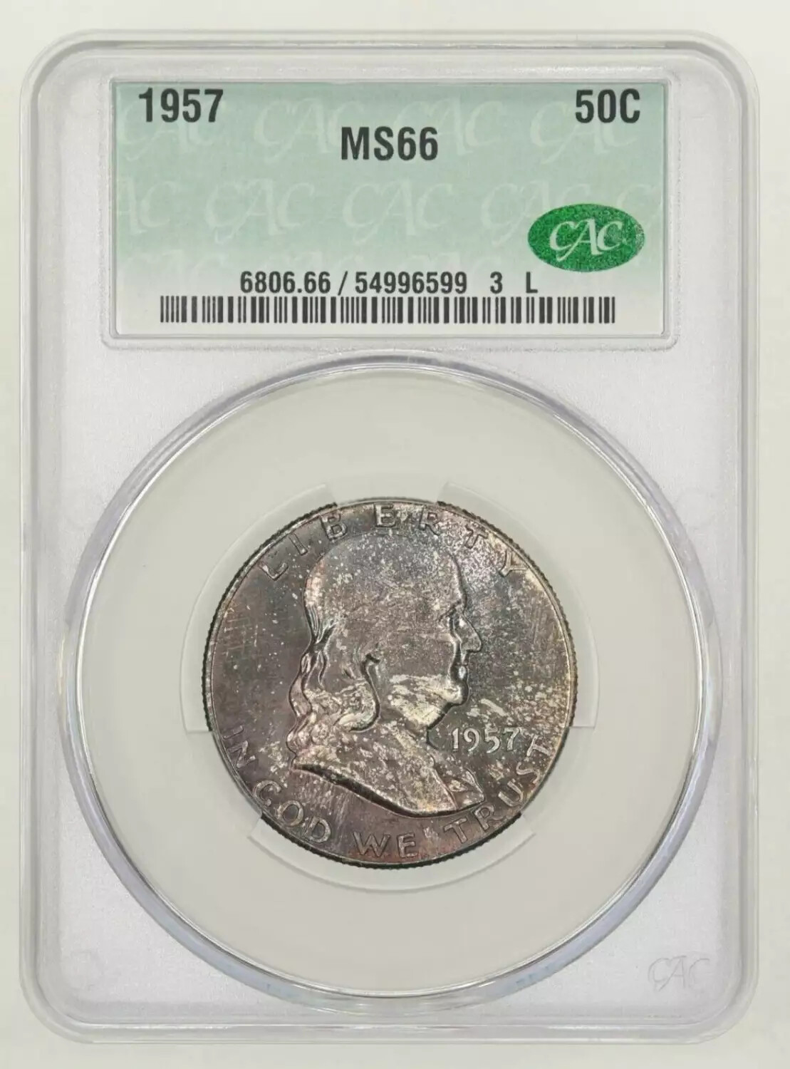 1957 P Franklin Half Dollar CACG MS 66 CAC Grading
