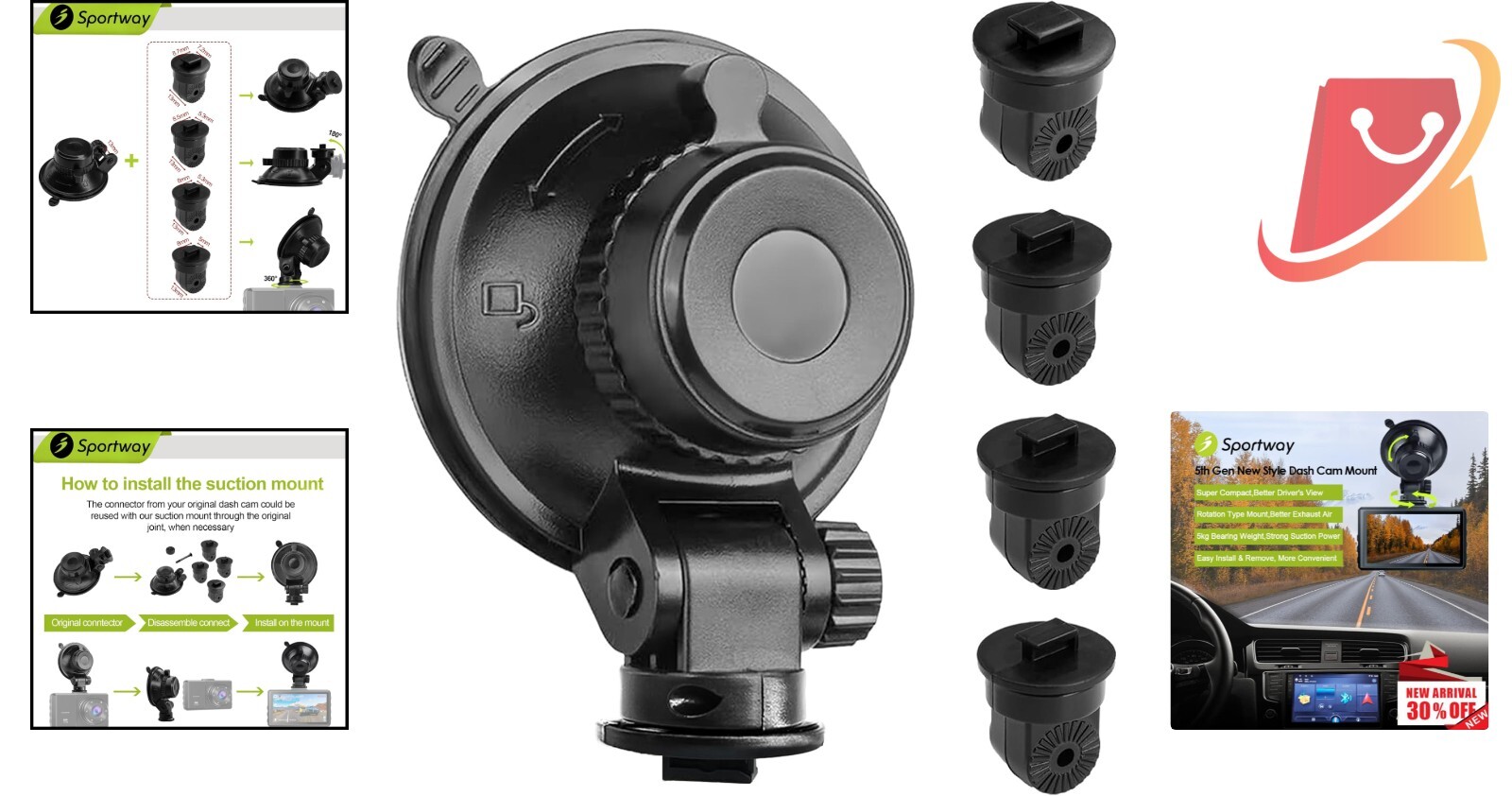 Suction Cup Dash Cam Mount ABS 4.33" 360° Rotation Secure Windshield Holder