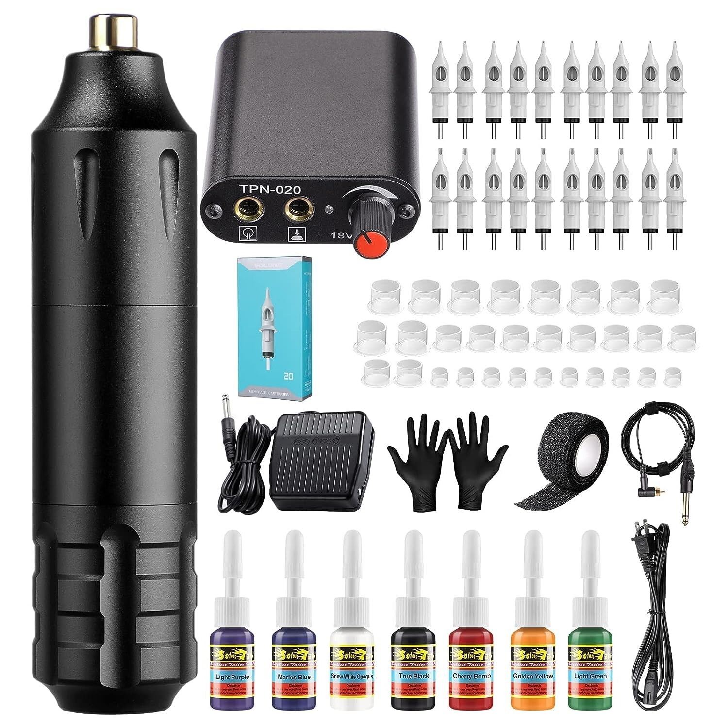 Tattoo Pen Kit Complete, Tattoo Gun Kit with 20Pcs Tattoo Cartridge 7 Colors