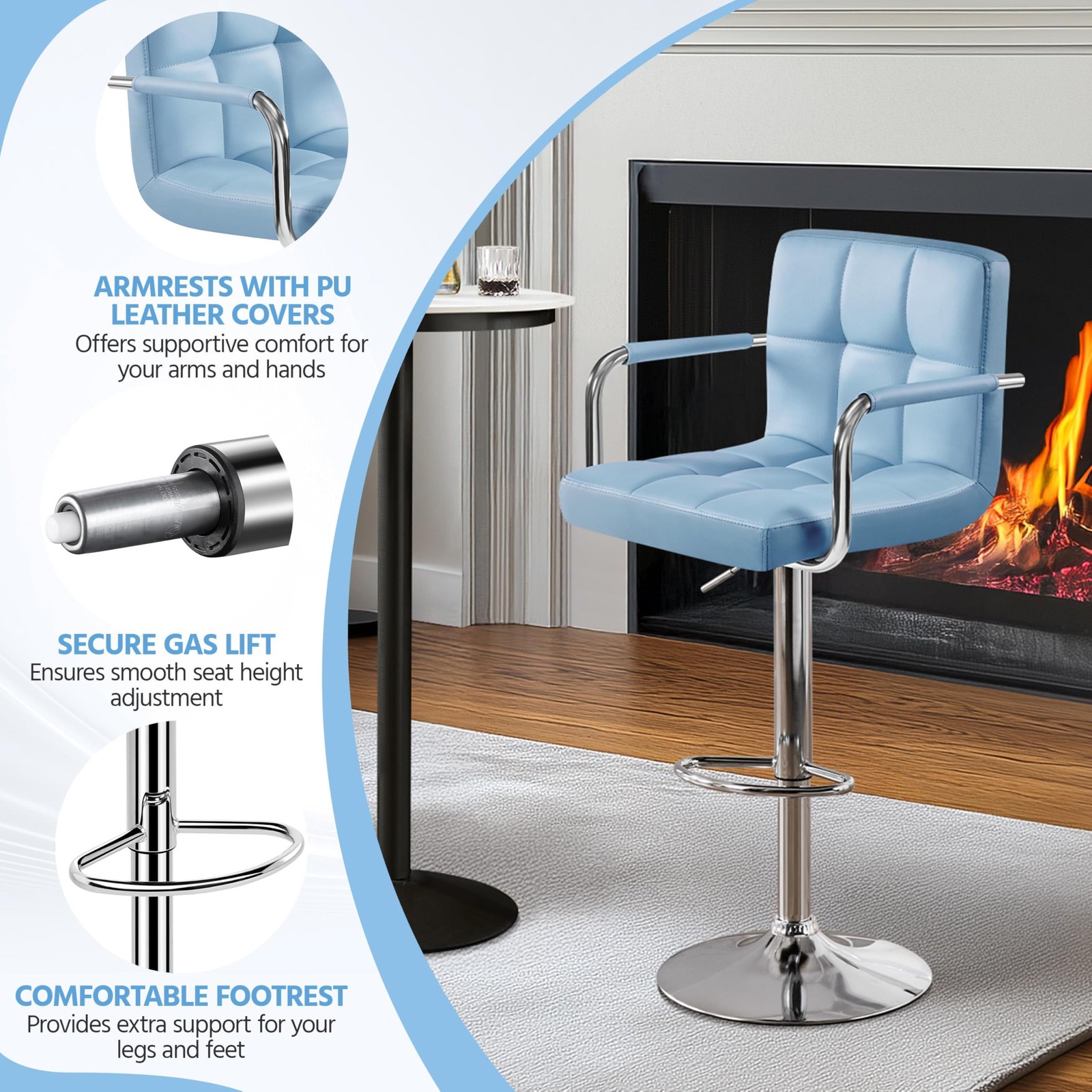 Bar Stools 2Pcs, Swivel Adjustable PU Leather Barstools, Kitchen Counter Chairs