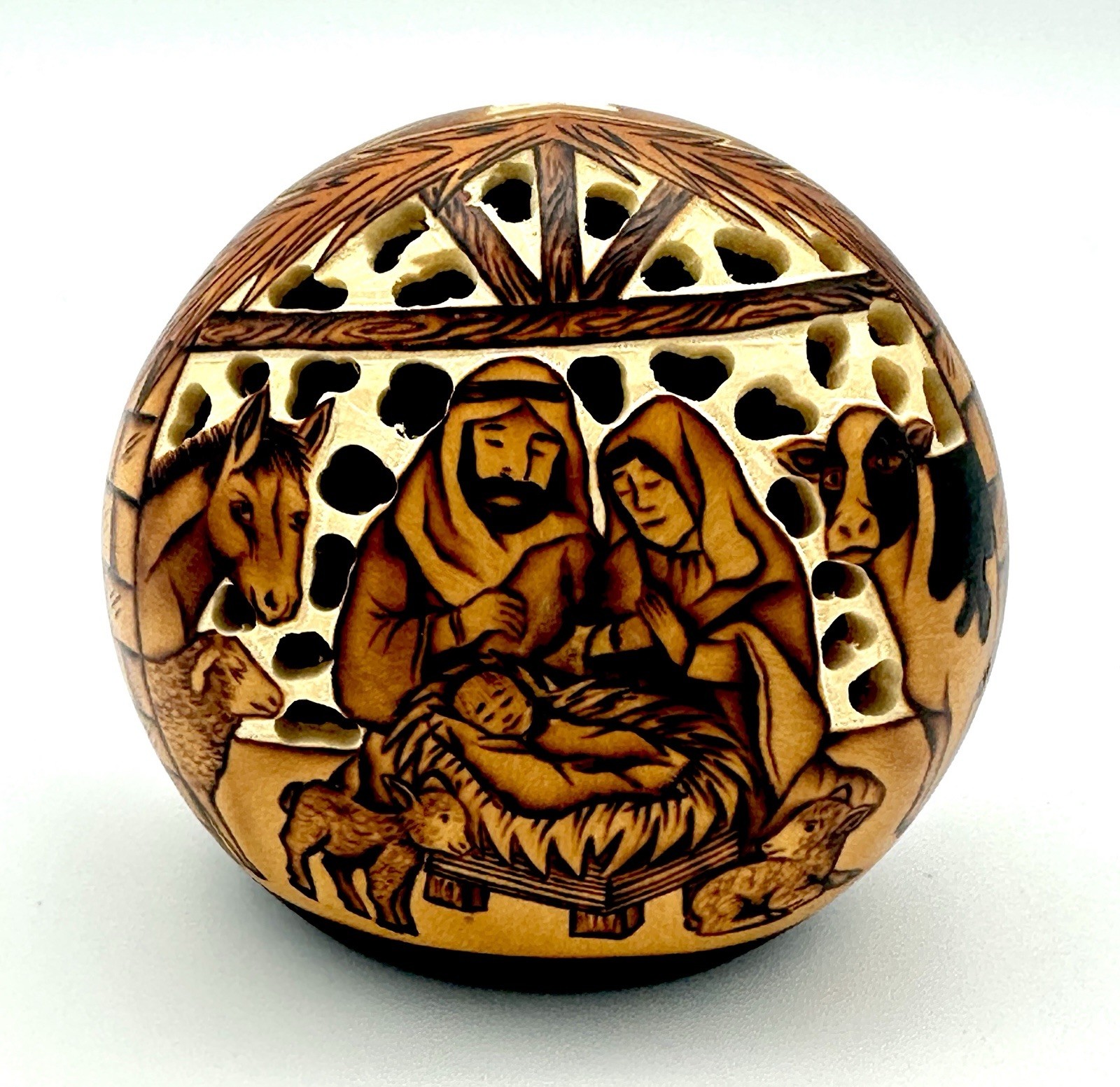 Vintage Gourd Carving by Quechua Artist Percy Medina Nativity Scene