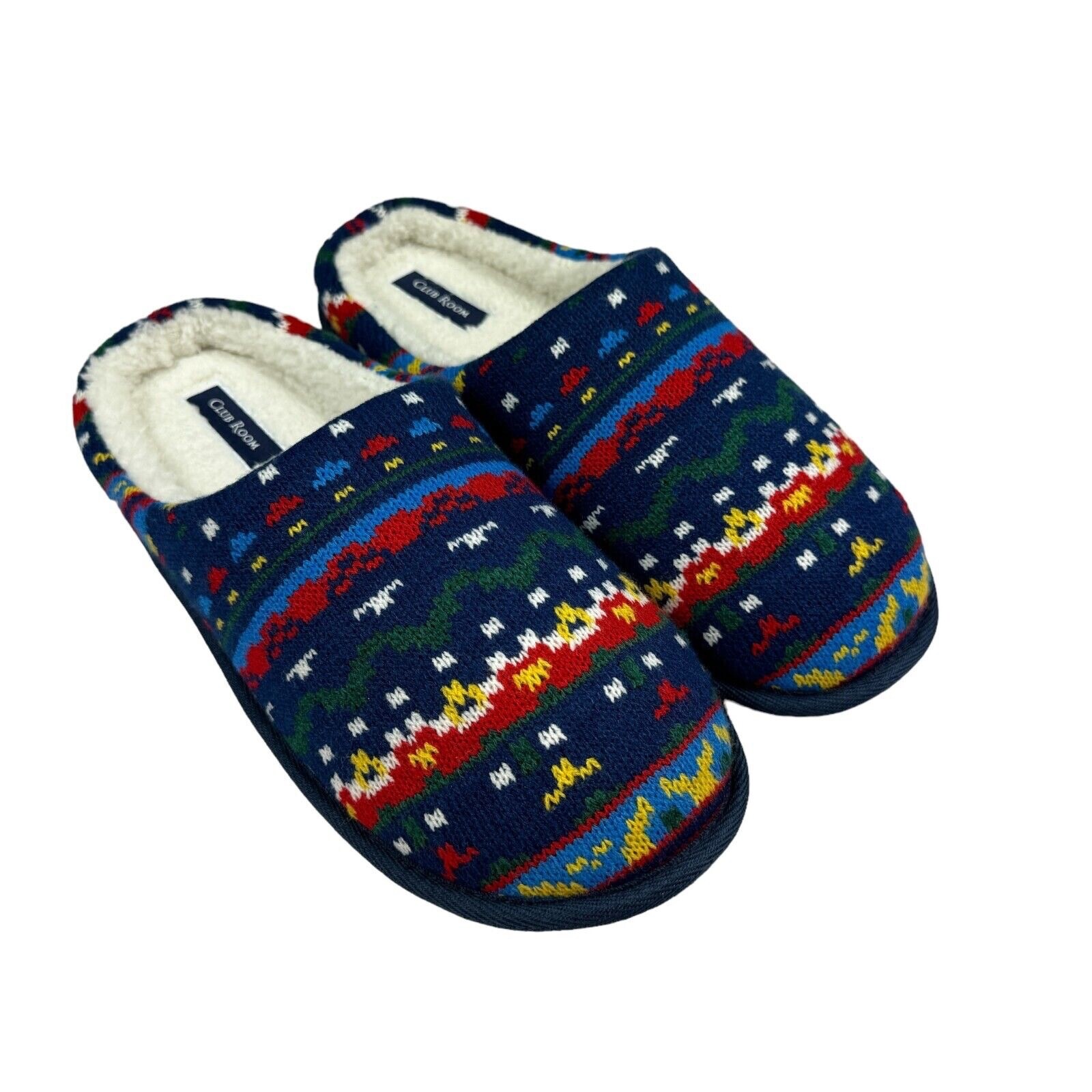 Club Room Mens Holiday Print Faux-Fur Slip On Slippers Multicolor M( 8-9)